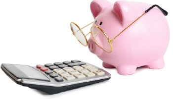 A piggy bank looking at a calculator